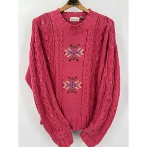 Vintage Carriage Court Pink Cable Knit Embroidered Floral Sweater Ramie Cotton L